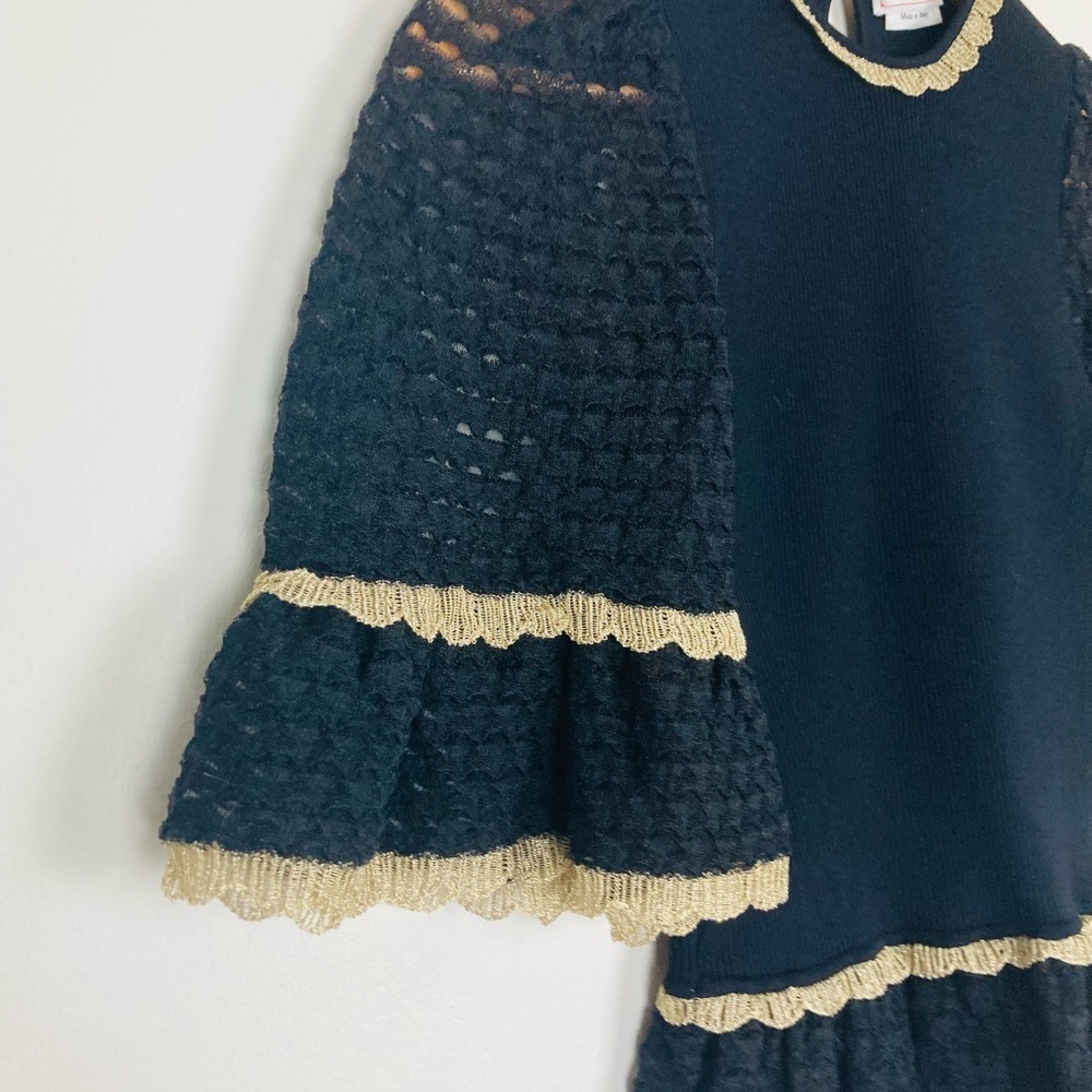 Alexander McQueen stretch black top w/open knit puff sleeves & gold lace trim. S - Picture 3 of 7